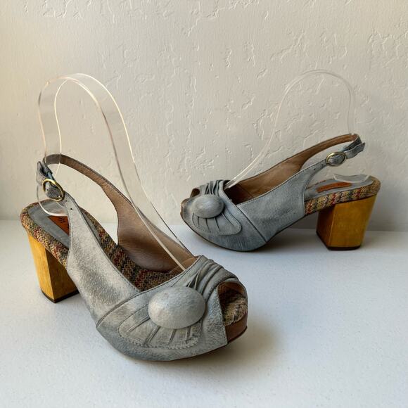 Miz Mooz Violin Peep Toe Leather Pumps Chunky Wood Heel Retro Sky Blue Size 6 - Picture 1 of 14
